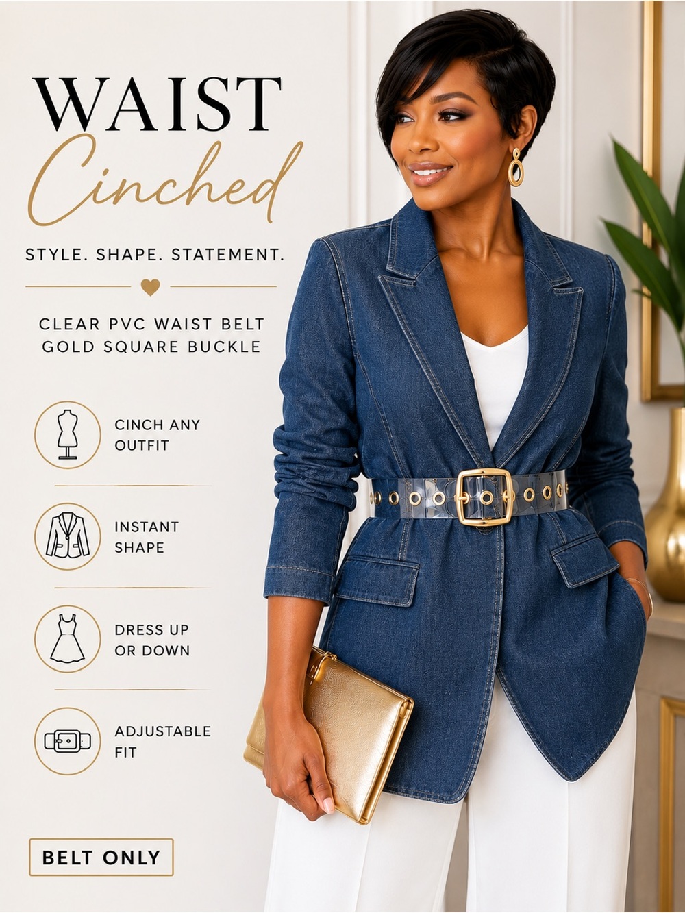 Clear Waist Cinch Belt with Gold Square Buckle | Transparent Statement Belt